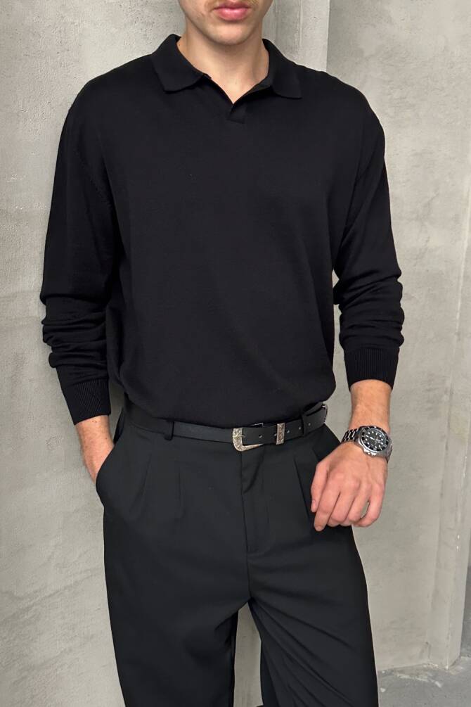 Erkek Pamuklu Polo Yaka Oversize Triko Kazak Siyah - 1