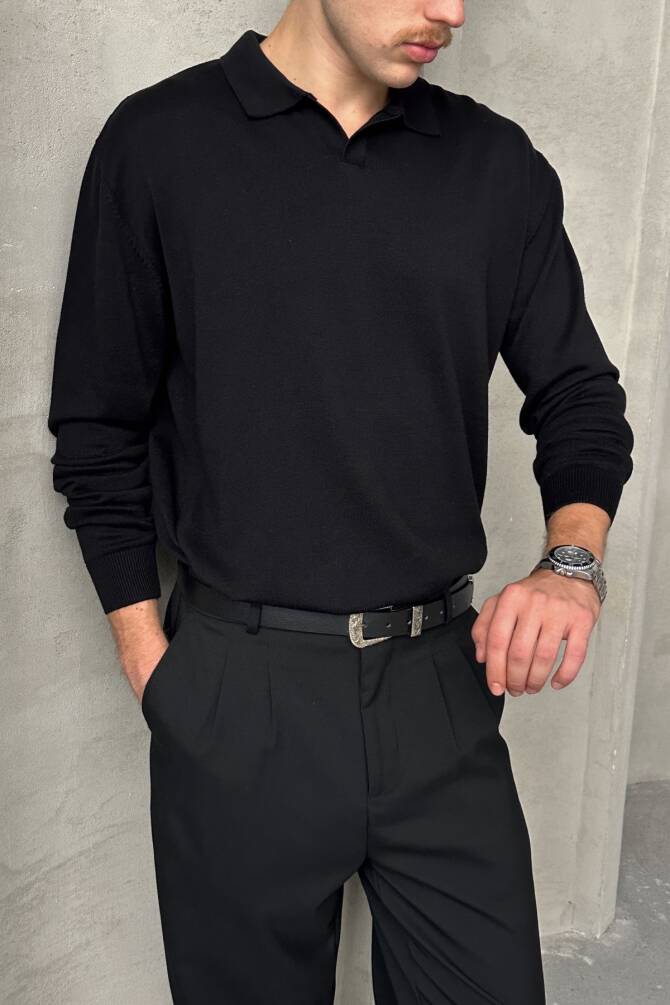 Erkek Pamuklu Polo Yaka Oversize Triko Kazak Siyah - 2