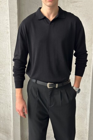 Erkek Pamuklu Polo Yaka Oversize Triko Kazak Siyah - 3