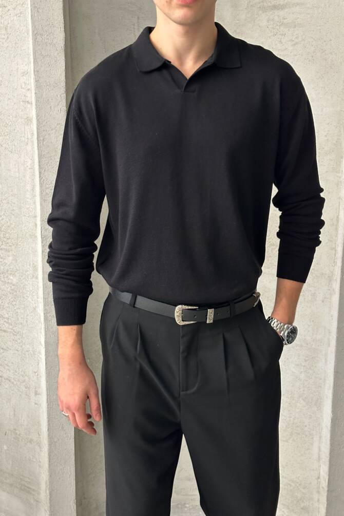 Erkek Pamuklu Polo Yaka Oversize Triko Kazak Siyah - 3