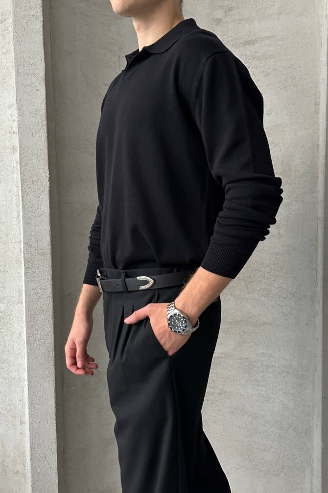 Erkek Pamuklu Polo Yaka Oversize Triko Kazak Siyah - 4