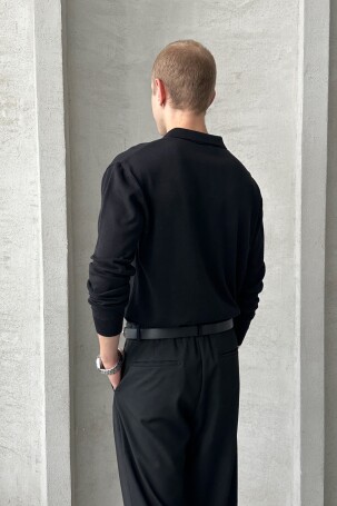 Erkek Pamuklu Polo Yaka Oversize Triko Kazak Siyah - 5