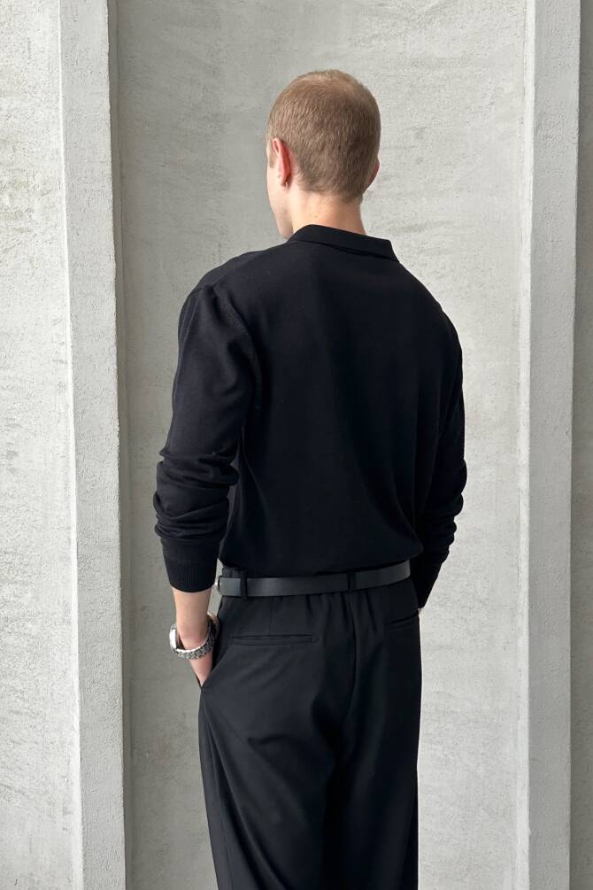 Erkek Pamuklu Polo Yaka Oversize Triko Kazak Siyah - 5