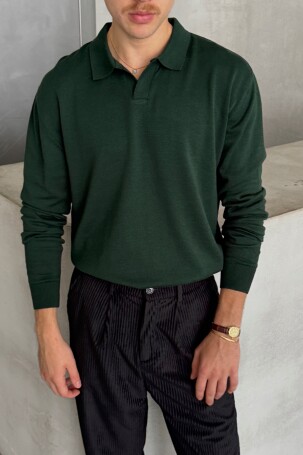Erkek Pamuklu Polo Yaka Oversize Triko Kazak Yeşil 