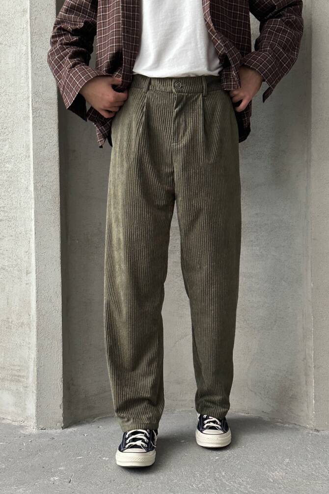 Erkek Pileli Baggy Kalıp Kadife Pantolon Haki - 4