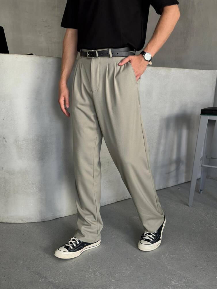 Erkek Pileli Baggy Kalıp Kumaş Pantolon Açık Haki - 2