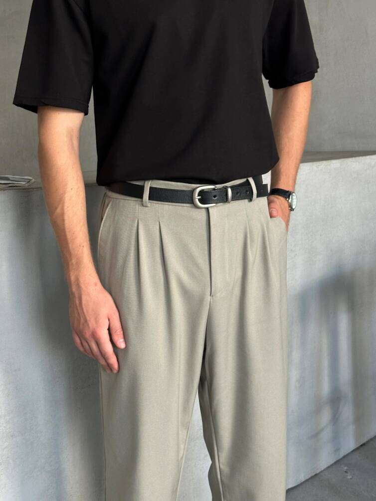 Erkek Pileli Baggy Kalıp Kumaş Pantolon Açık Haki - 4