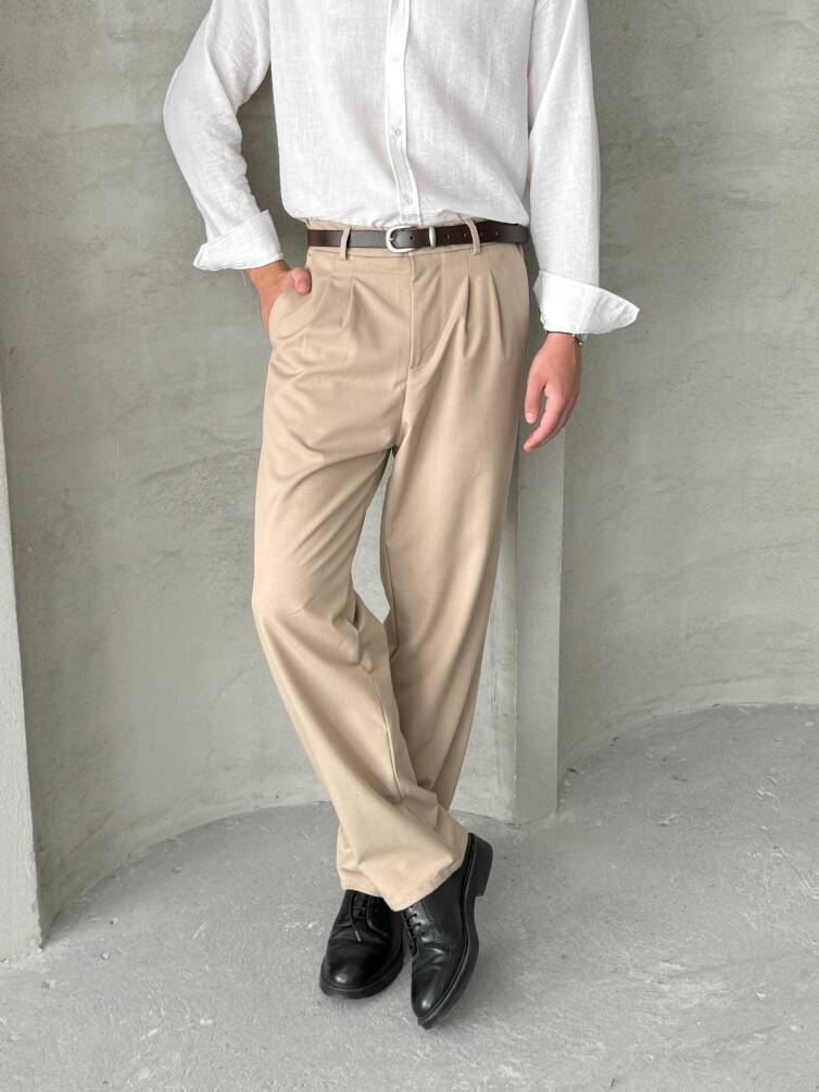 Erkek Pileli Baggy Kalıp Kumaş Pantolon Açık Kahve - 1