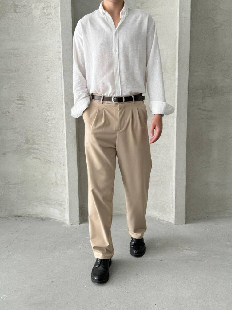 Erkek Pileli Baggy Kalıp Kumaş Pantolon Açık Kahve - 2