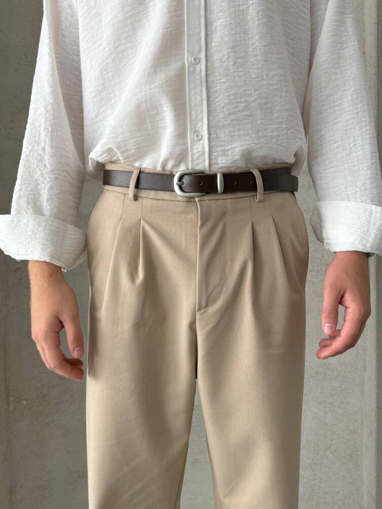Erkek Pileli Baggy Kalıp Kumaş Pantolon Açık Kahve - 3