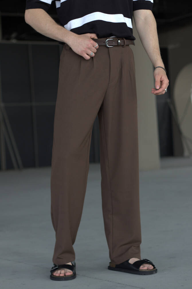 Erkek Pileli Baggy Kalıp Kumaş Pantolon ACIKAHVE - 2