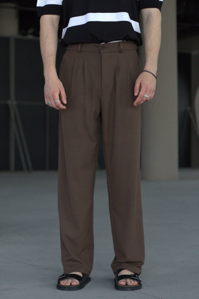 Erkek Pileli Baggy Kalıp Kumaş Pantolon ACIKAHVE - 3