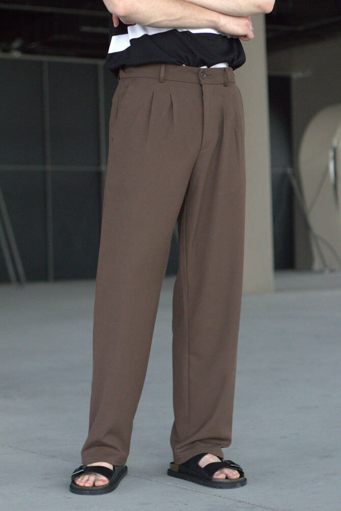 Erkek Pileli Baggy Kalıp Kumaş Pantolon ACIKAHVE - 4