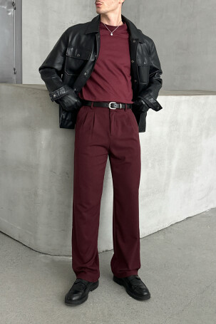 Erkek Pileli Baggy Kalıp Kumaş Pantolon Bordo - 2