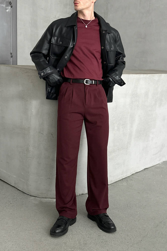 Erkek Pileli Baggy Kalıp Kumaş Pantolon Bordo - 2