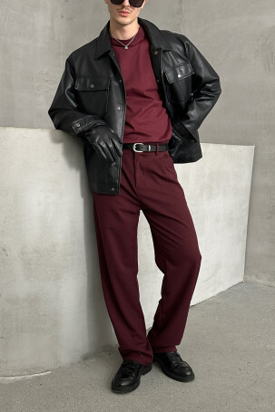 Erkek Pileli Baggy Kalıp Kumaş Pantolon Bordo - 3