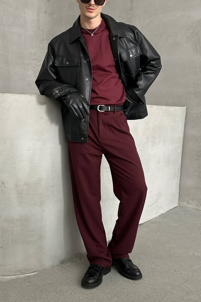 Erkek Pileli Baggy Kalıp Kumaş Pantolon Bordo - 3