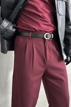 Erkek Pileli Baggy Kalıp Kumaş Pantolon Bordo - 4