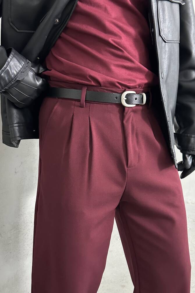 Erkek Pileli Baggy Kalıp Kumaş Pantolon Bordo - 4