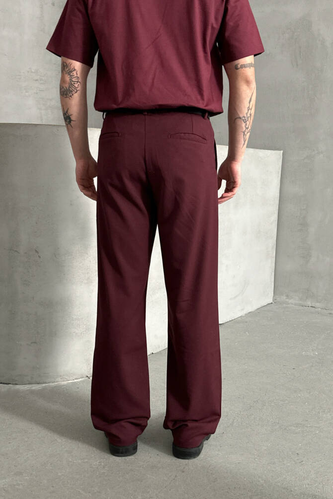 Erkek Pileli Baggy Kalıp Kumaş Pantolon Bordo - 5