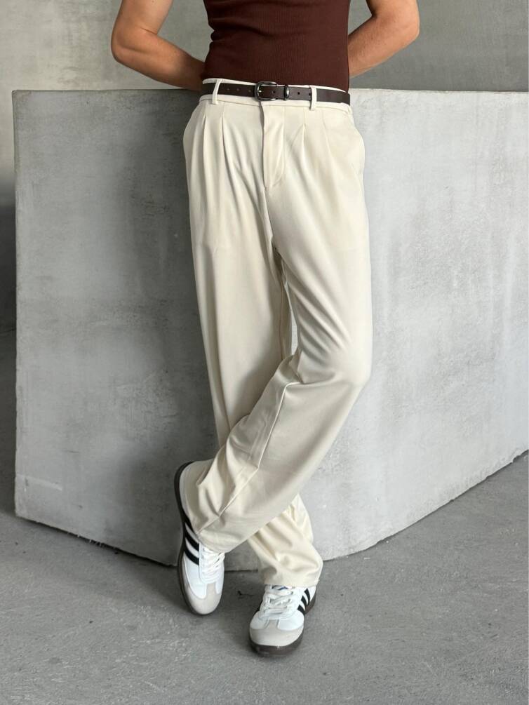 Erkek Pileli Baggy Kalıp Kumaş Pantolon Ekru - 3