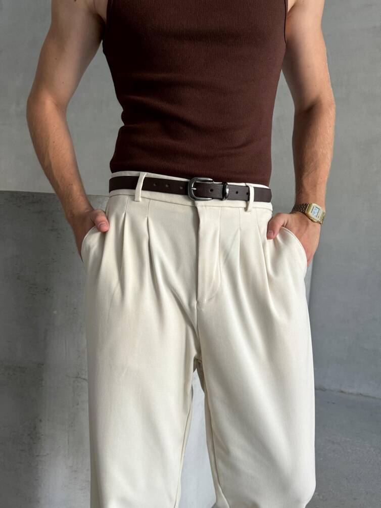 Erkek Pileli Baggy Kalıp Kumaş Pantolon Ekru - 4
