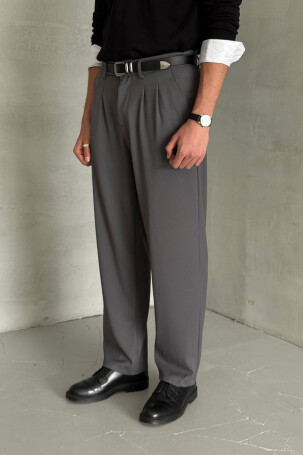 Erkek Pileli Baggy Kalıp Kumaş Pantolon FÜME - 2