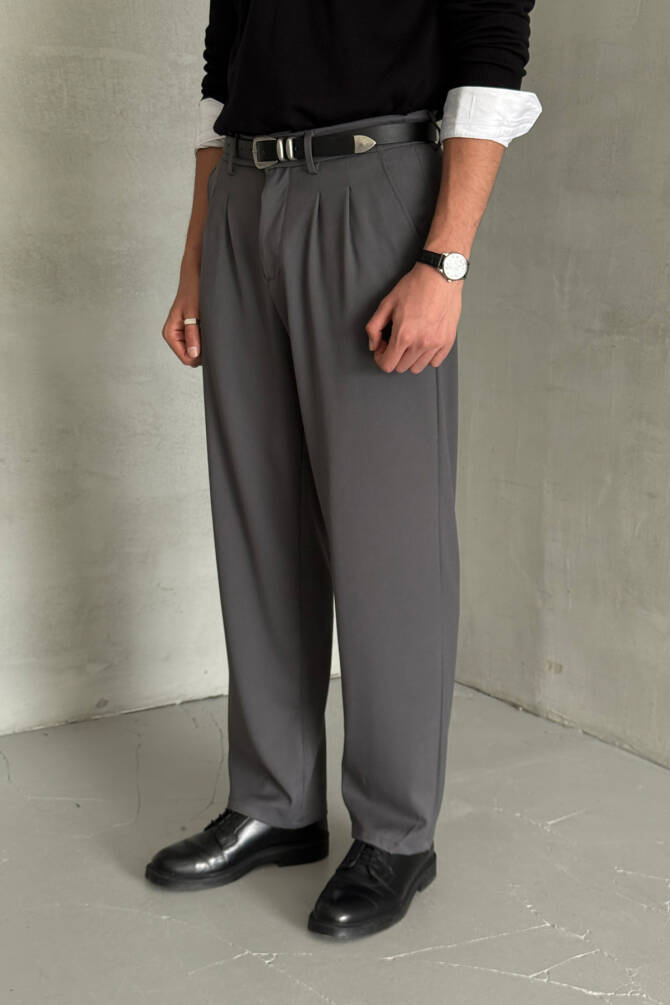 Erkek Pileli Baggy Kalıp Kumaş Pantolon FÜME - 2