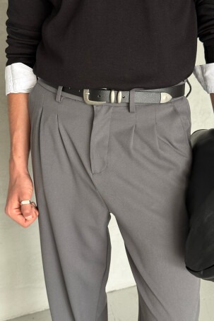 Erkek Pileli Baggy Kalıp Kumaş Pantolon FÜME - 3