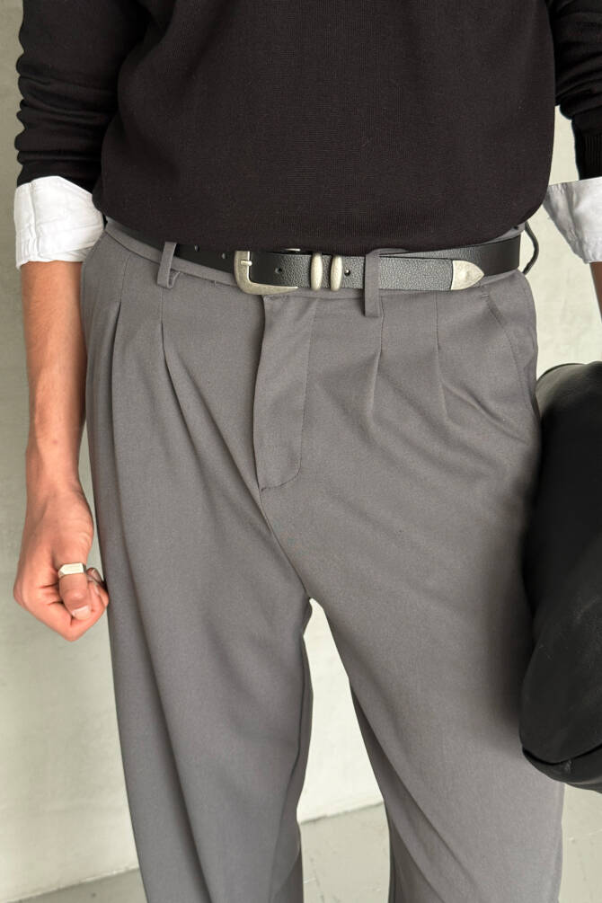 Erkek Pileli Baggy Kalıp Kumaş Pantolon FÜME - 3