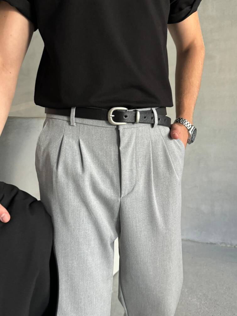 Erkek Pileli Baggy Kalıp Kumaş Pantolon Gri - 5