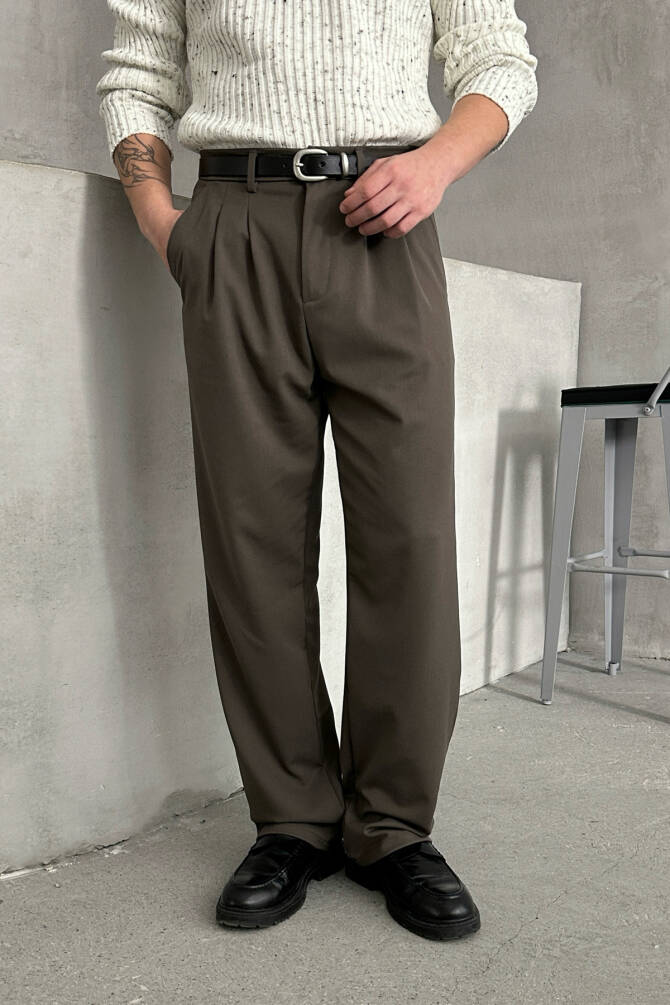 Erkek Pileli Baggy Kalıp Kumaş Pantolon HAKİ - 1