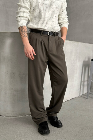 Erkek Pileli Baggy Kalıp Kumaş Pantolon HAKİ - 3
