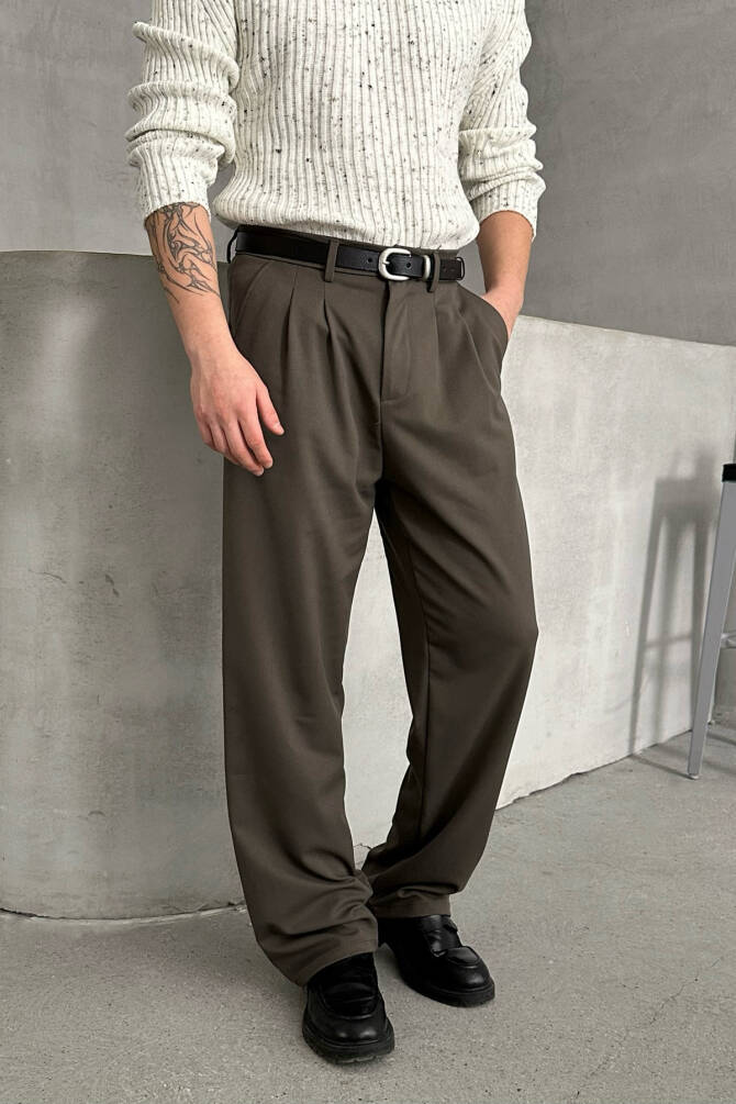 Erkek Pileli Baggy Kalıp Kumaş Pantolon HAKİ - 3