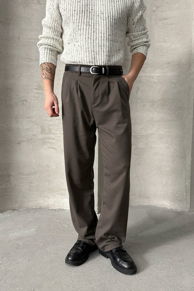 Erkek Pileli Baggy Kalıp Kumaş Pantolon HAKİ - 4