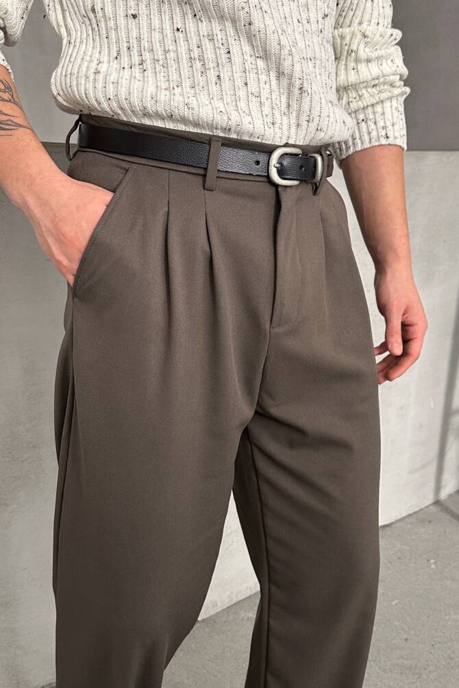 Erkek Pileli Baggy Kalıp Kumaş Pantolon HAKİ - 5