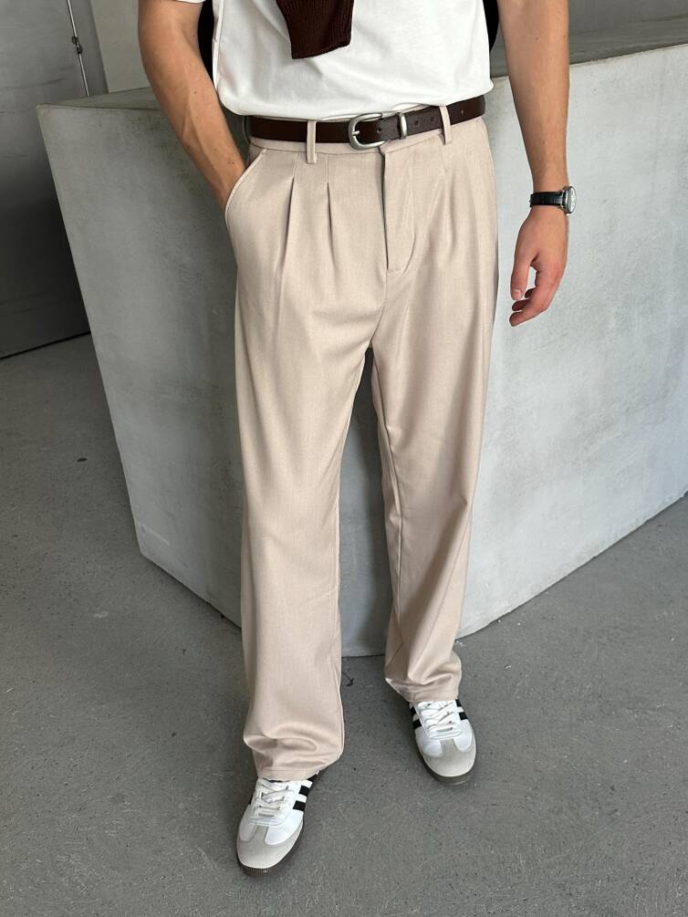 Erkek Pileli Baggy Kalıp Kumaş Pantolon KREM - 2