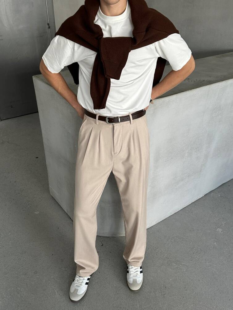 Erkek Pileli Baggy Kalıp Kumaş Pantolon KREM - 3
