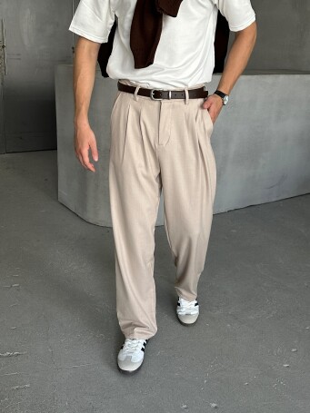 Erkek Pileli Baggy Kalıp Kumaş Pantolon KREM - 4
