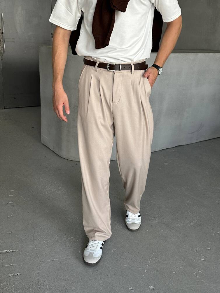 Erkek Pileli Baggy Kalıp Kumaş Pantolon KREM - 4