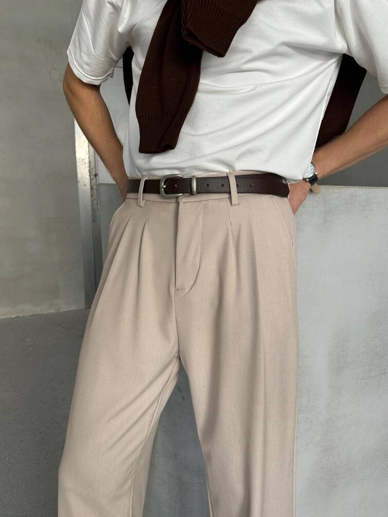 Erkek Pileli Baggy Kalıp Kumaş Pantolon KREM - 6