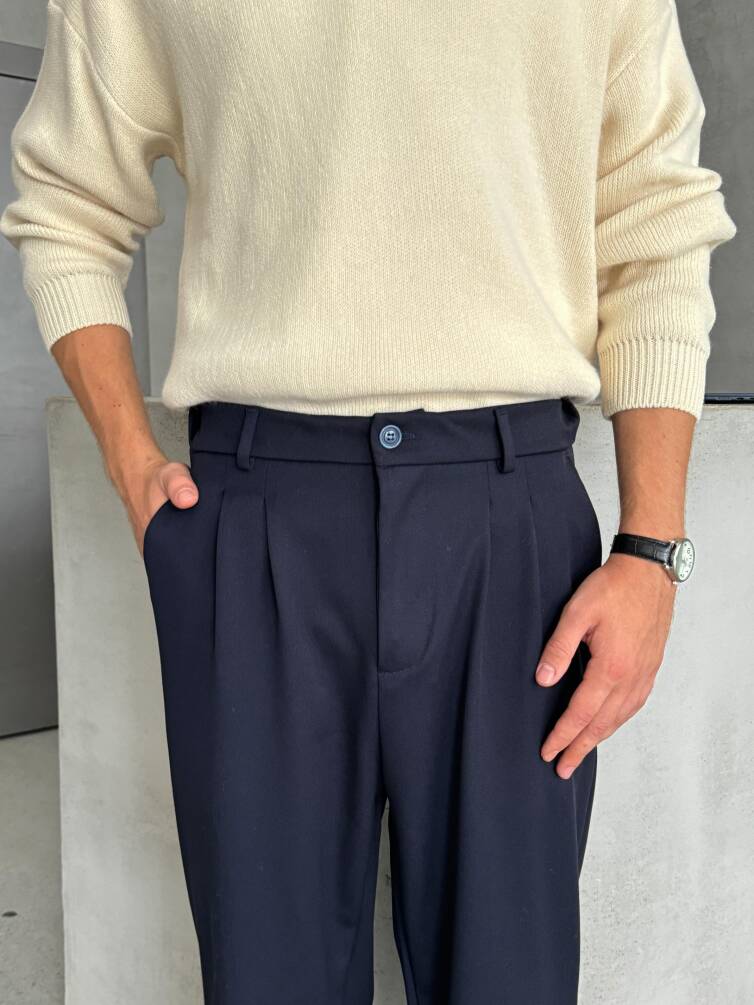 Erkek Pileli Baggy Kalıp Kumaş Pantolon LACİVERT - 4