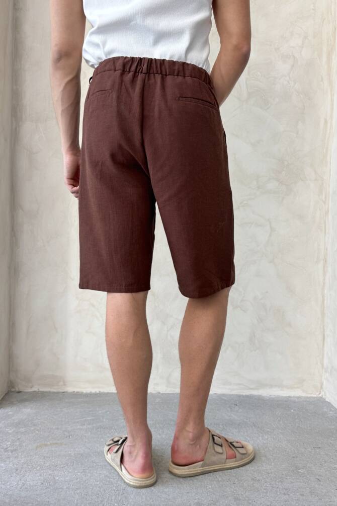 Erkek Pileli Baggy Keten Şort Kahverengi - 5