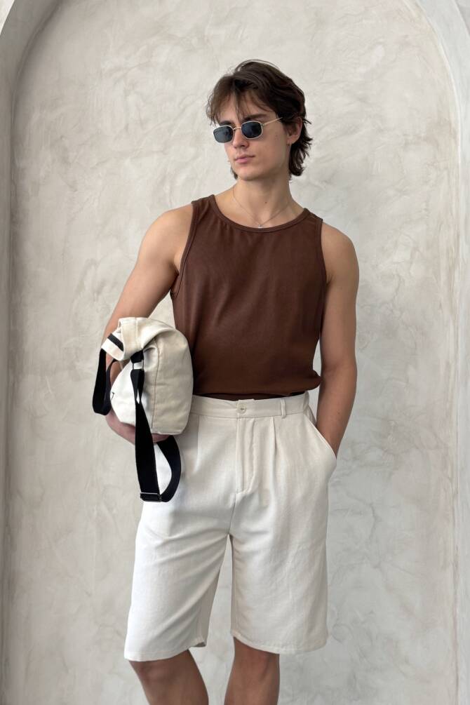 Erkek Pileli Baggy Keten Şort Krem - 5