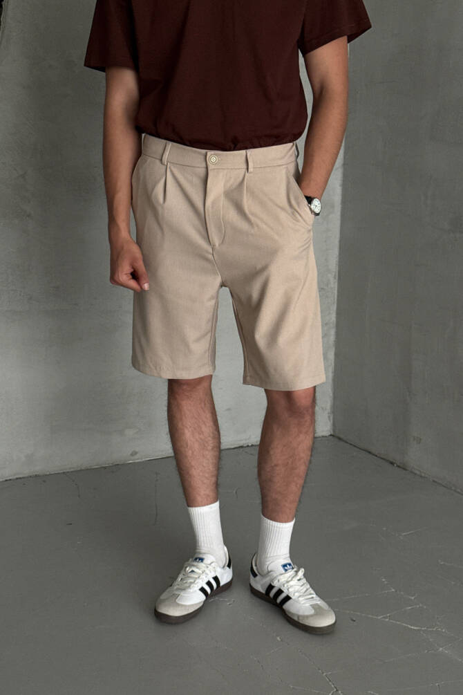 Erkek Pileli Baggy Şort Krem - 1