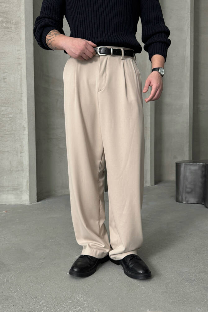 Erkek Pileli Ekstra Baggy Kalıp Kumaş Pantolon Krem - 1
