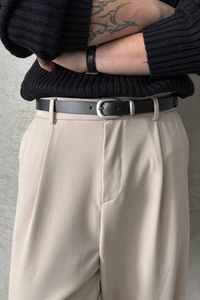 Erkek Pileli Ekstra Baggy Kalıp Kumaş Pantolon Krem - 4