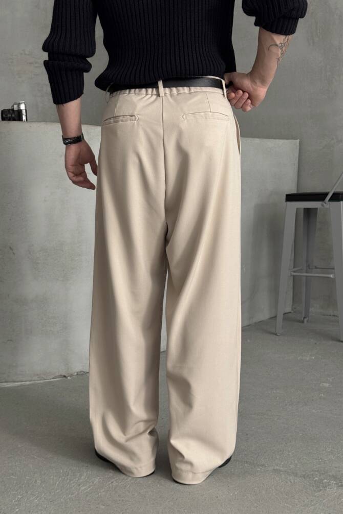 Erkek Pileli Ekstra Baggy Kalıp Kumaş Pantolon Krem - 5