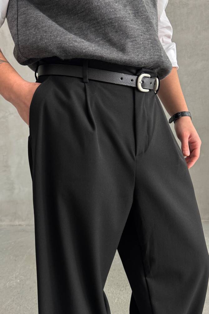 Erkek Pileli Ekstra Baggy Kalıp Kumaş Pantolon Siyah - 4
