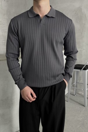 Erkek Polo Yaka Fitilli Oversize Triko Kazak Antrasit - 2